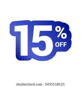 15% off. Discount number of percent sign in white and blue colors. Fifteen percent of discount. Symbol tag vector badge template. Sale offer price sign.