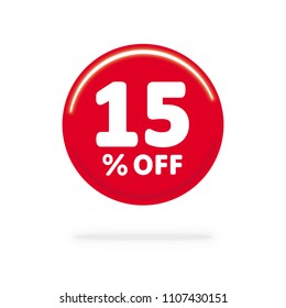15% OFF. Discount Offer Price Illustration, Vector Discount Symbol. Red Ball. White Background.