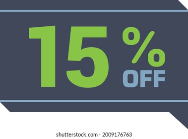 15% de descuento. descuento en la etiqueta de venta gris oscuro y verde, caja de texto de tarjeta de regalo. número de descuento porcentual en la insignia. Sello de oferta plana. para uso en tiendas online, folletos y marketing digital