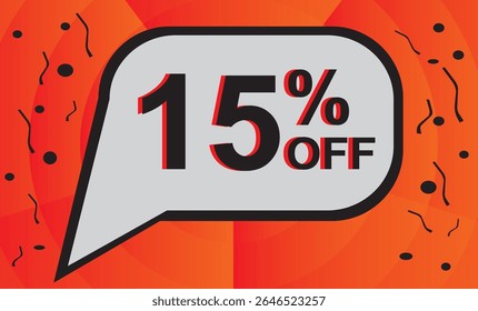 15% de desconto. Desconto no seu preço. Número preto com contorno laranja dentro de um balão branco e fundo laranja composto de elementos gráficos pretos..eps