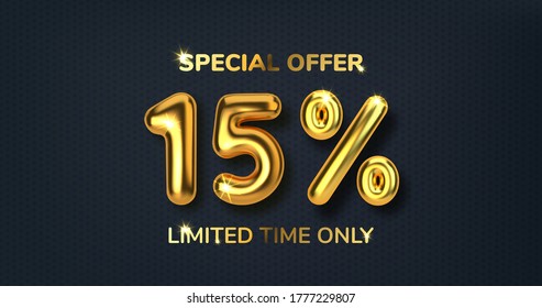 15 off discount promotion sale made of realistic 3d gold balloons. Number in the form of golden balloons. Template for products, advertizing, web banners, leaflets, certificates. Vector illustration