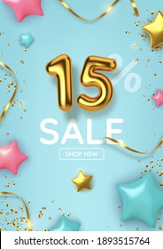 15 off discount promotion sale made of realistic 3d gold balloons with stars, sepantine and tinsel. Number in the form of golden balloons.  Vector illustration