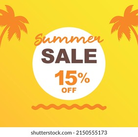 15% de descuento para compras. Ilustración vectorial de la promoción para las ventas de verano. Cocoteros, sol, mar. Diseño para medios sociales, banner, afiche, anuncios, marketing, tiendas minoristas.