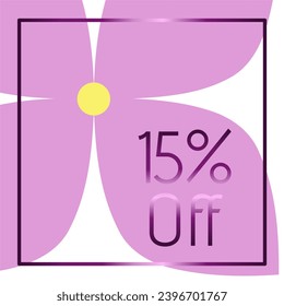 15 % Rabatt. Rabatt. violetter Rahmen mit metallischer Wirkung. Lilac Blume im Hintergrund.