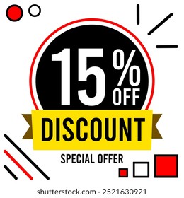 15% de desconto Quinze cinco por cento de desconto 15% de desconto oferta especial Promoções com números brancos fundo branco bola preta vermelho e preto designs.eps