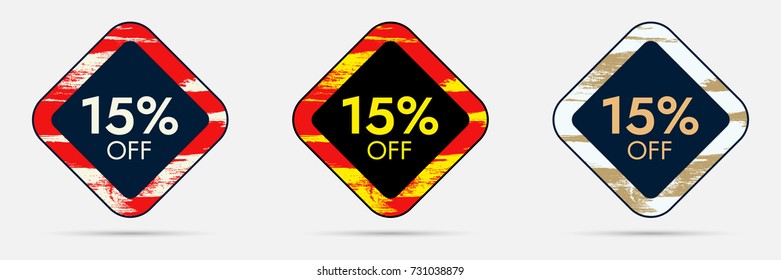 15% Off Discount Sticker. 15% Off Sale and Discount Price Banner. Vector Frame with Grunge and Price Discount Offer