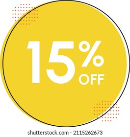 15% off - Discount Tag, with circle and fifteen percent off. In colors: black, yelow and orange