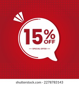 15% off. Discount vector for sales, labels, promotions, offers, stickers, banners, tags and web stickers. New offer. White discount balloon emblem on red background.