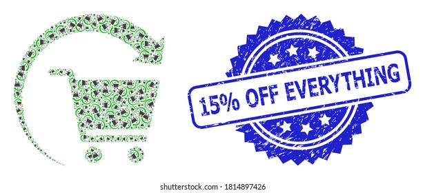 15% Off Everything corroded stamp seal and vector recursive collage repeat shopping order. Blue stamp contains 15% Off Everything tag inside rosette.