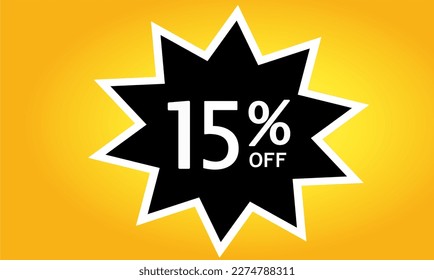 15% off. fifteen off. Discount vector for sales, labels, promotions, offers, stickers, banners, tags and web stickers. New offer. White and yellow discount balloon emblem on black background