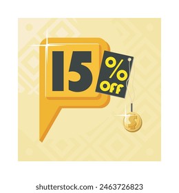 15% Off. A fifteen percent discount orange balloon sticker with a black tag and a Golden coin over a yellow abstract background.