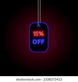 15% off. fifteen percent off. neon style. best weekend sale. Special offer. limited time. neon vector illustration. bricks background. Red and black.