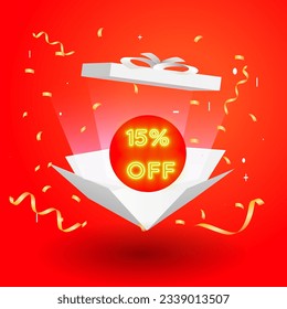 15% off. fifteen percent off. neon. Special offer and discount sale in red color. White open gift box with percent sign in neon style golden color. vector illustration