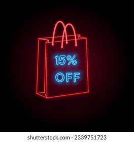 15% off. fifteen percent off. neon style. brick wall background in red color. Sale symbol with decorative objects. Price tag. 3D shopping bag. Sale banner and poster. Vector illustration.