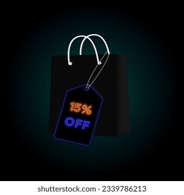 15% off. fifteen percent off. neon style. Shopping bag. big offer, sale, special offer tag. sticker, tag, banner, advertising, offer icon. brick wall background.