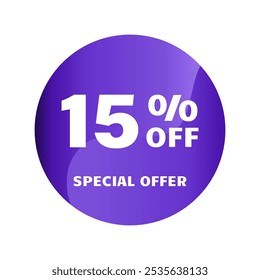 15% off. Fifteen percent off, Special Offer. Discount sale banner design template. Discount tag. Vector illustration. Purple Design.