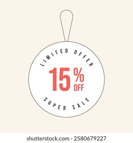 15% OFF flat design of label. Super Sale fifteen percent off. Sticker illustration limited offer. Vector illustration.