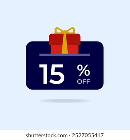 15% off Gift card Discount. Fifteen percent off gift box. Vector illustration. Flat icon.