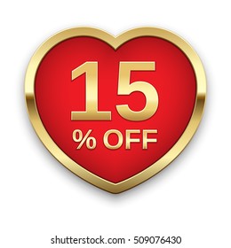 15% off golden badge, vector.