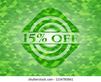 15% off green emblem with triangle mosaic background