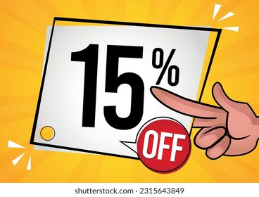 15% off -hand holding white tag with fifteen percent off. Vector illustration for sales with special offers for retail. Colors: black, red, yelow and Orange