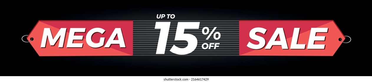 15% off. Horizontal black banner. Advertising for Mega Sale. Up to fifteen percent discount for promotions and offers.