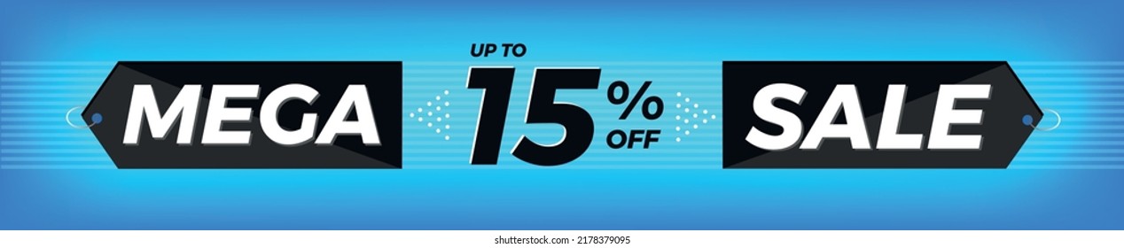 15% off. Horizontal blue banner. Advertising for Mega Sale. Up to fifteen percent discount for promotions and offers.