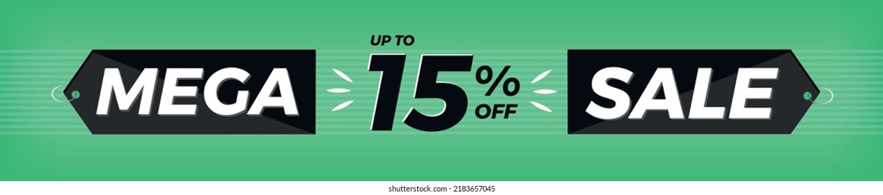 15% off. Horizontal green banner. Advertising for Mega Sale. Up to fifteen percent discount for promotions and offers.