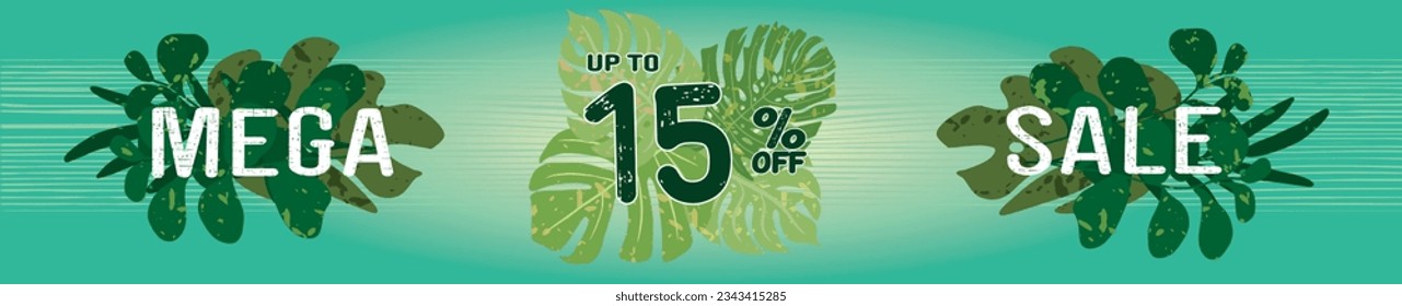 15% off. Horizontal green banner. Summer tropical leaves theme. Advertising for Mega Sale. Up to fifteen percent discount for promotions and offers.