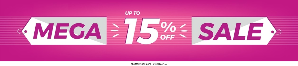 15% off. Horizontal pink banner. Advertising for Mega Sale. Up to fifteen percent discount for promotions and offers.