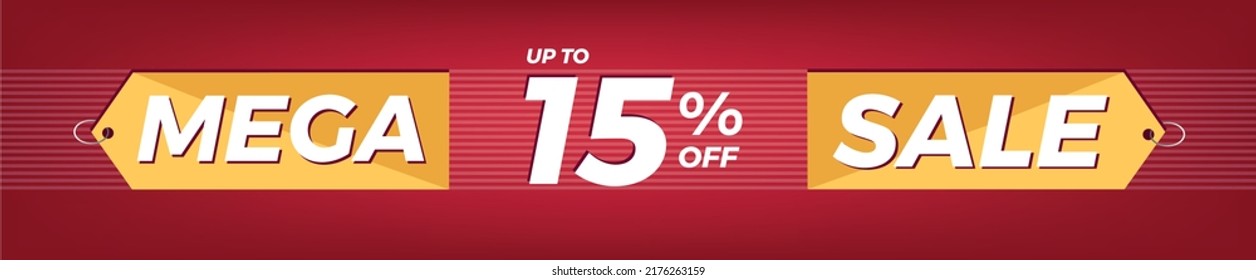 15% off. Horizontal red banner. Advertising for Mega Sale. Up to fifteen percent discount for promotions and offers.