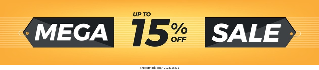 15% off. Horizontal yellow banner. Advertising for Mega Sale. Up to fifteen percent discount for promotions and offers.