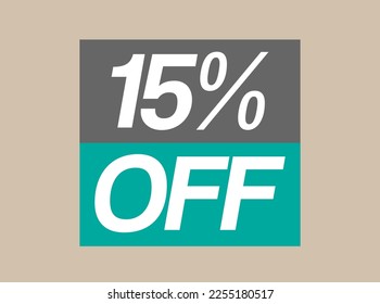 15% off label. Design 15 percent discount. Vector price reduction on stores and products isolated on light background