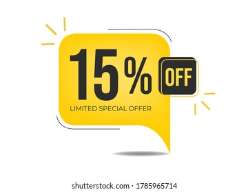 15% off limited special offer. Banner with fifteen percent discount on a yellow square balloon.