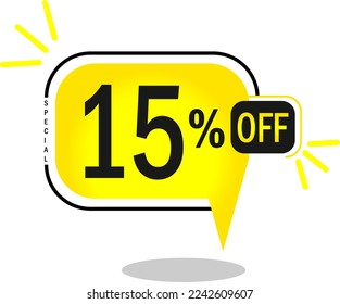 15% off limited special offer. 15% Discount Banner with fifteen percent off in a yellow round sided balloon