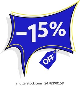 15% off limited special offer. Banner with a fifteen percent discount in a blue square balloon, with yellow detail and "off" label.
