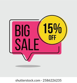 15% off limited time offer or discount banner - Big Sale pink tag with yellow fifteen percent circle on light gray background. Illustrated tag, vector, for promotion.