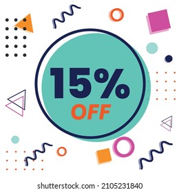 15% off - memphis style discount tag with colorful geometric shapes and white background