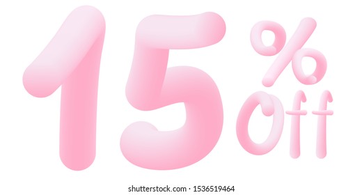 15% off Numbers made of chewing gum for design selling poster / banner promotion . Bubble Gum text. Isolated on white background. Vector 3d font . Discount tag , advertising , special offer