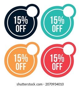 15% OFF Offer and Discount colorful tag designs. Isolated simple minimal discounts labels and tags for sales and business. Clean vector rounded print and web label.