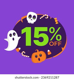 15% off on Halloween. Vector illustration of super offer in purple and orange balloon, plus halloween, ghost, skull, pumpkin and candy icons.