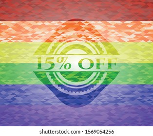 15% off on mosaic background with the colors of the LGBT flag