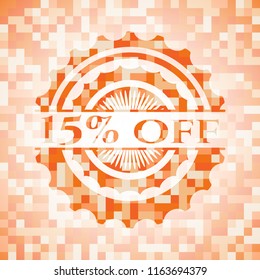 15% off orange tile background illustration. Square geometric mosaic seamless pattern with emblem inside.
