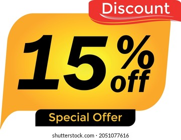 15% off, 15 percent promotion for offers, great deals, big sale, reduction. Yellow and red tag