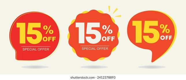 15% de descuento. Porcentaje de póster fuera de precio, valor. Globo rojo y amarillo. Oferta especial de etiqueta, pegatina. Publicidad para ventas, promoción, descuento, tienda. Icono, vector, símbolo