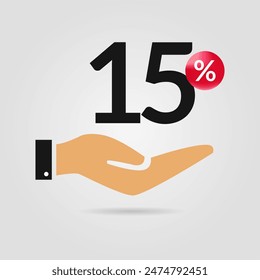 15% off promotion. Fifteen percent of discount with hand icon. Sale symbol. Discount creative composition. Vector illustration.