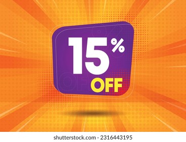 15% off. Purple flag with fifteen percent off. Vector illustration for sales with special offers for retail. Colors: white, purple, yellow and orange