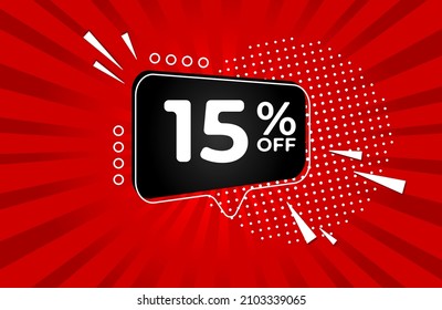 15% off. Red banner with fifteen percent discount on a black balloon for mega big sales.