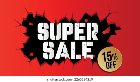 15% off. Red banner with fifteen percent discount on a black balloon for mega big sales.