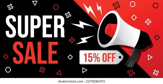 15% off. Red banner with fifteen percent off on a white tag for super mega big sales.